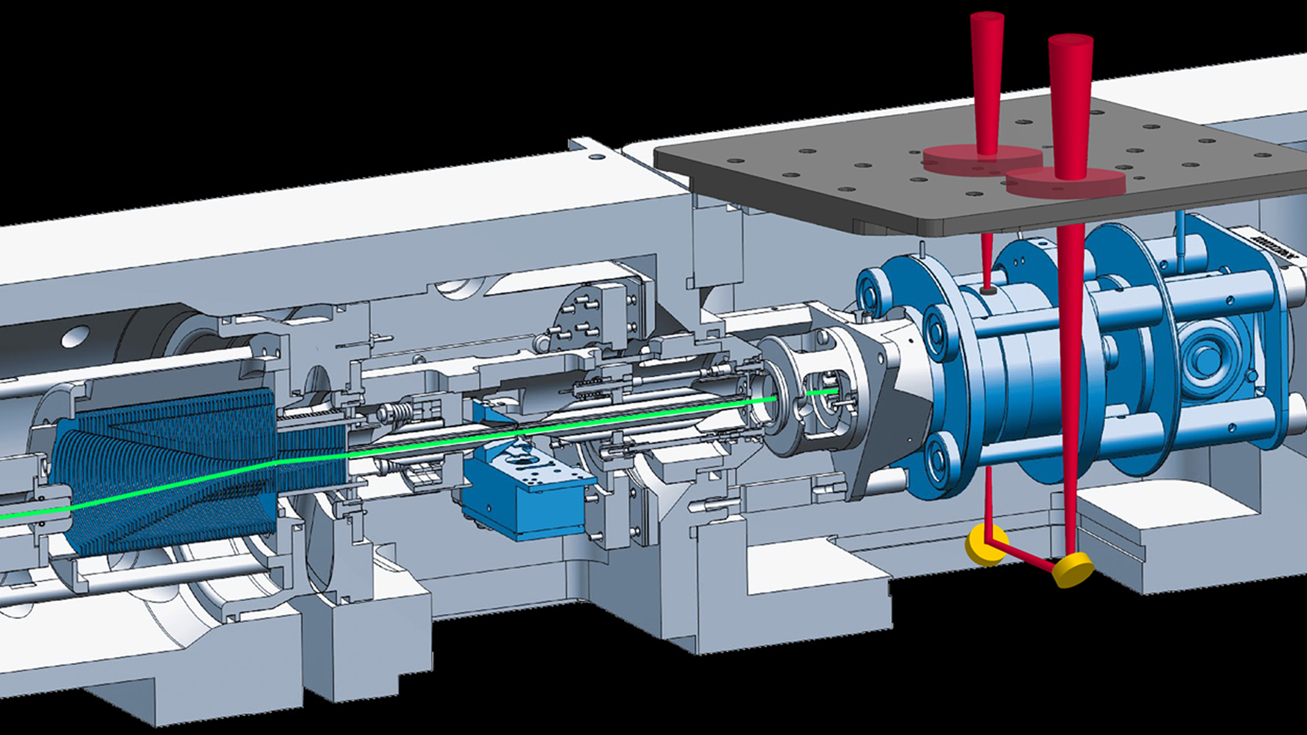 A drawing of a mass spectrometer - an instrument used to detect and identify molecules - modified for laser access into the ion trapping region. This modification enables the combination of techniques necessary to develop the novel analytical platform.