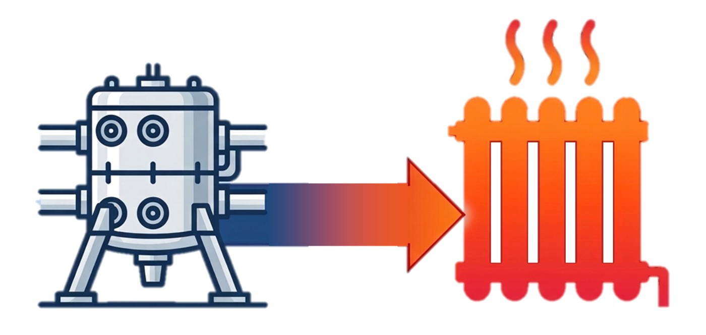 An image of a magnet on the left, with an arrow towards the right, to a heating system, to illustrate how heat from the magnets is used to warm other buildings on campus.